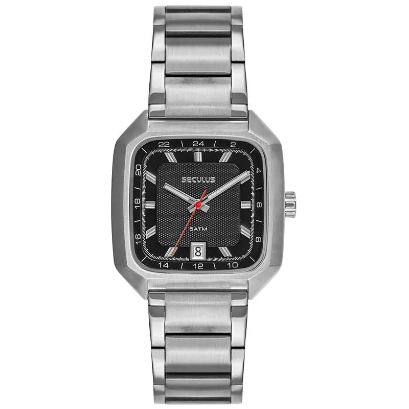 Relógio Masculino Prata Aço Quadrado Mostrador Preto