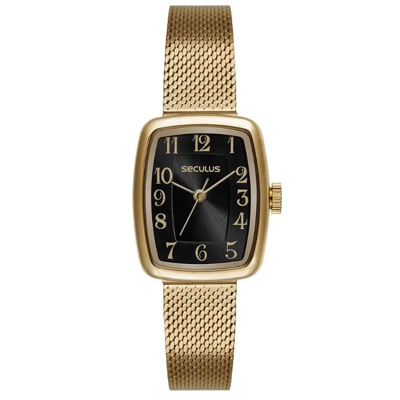Relógio Feminino Analógico Numeração Mostrador Preto com Pulseira Aço Inox Dourado Séculus