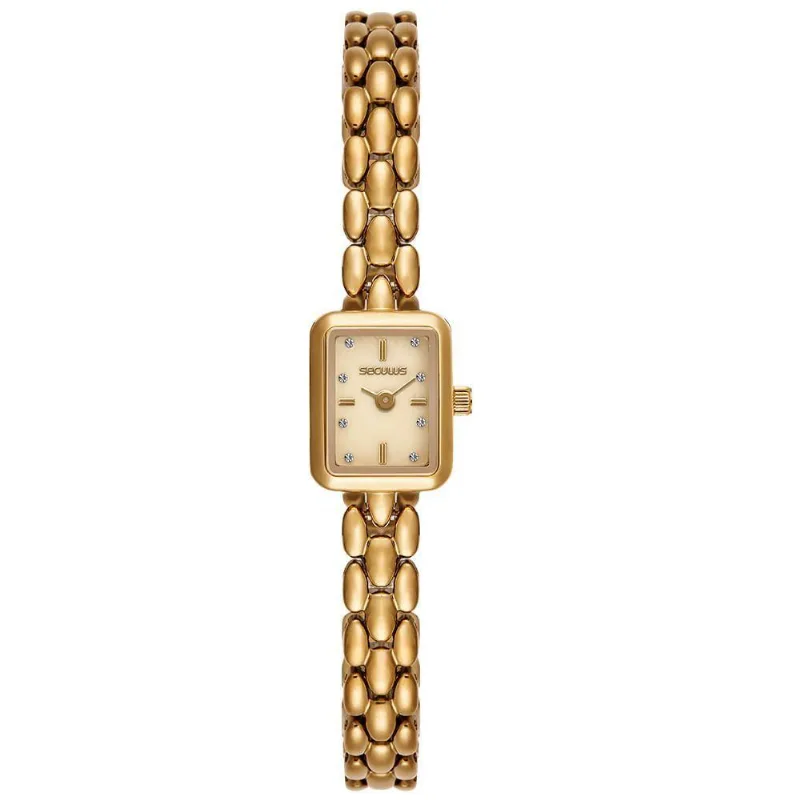 Relógio Feminino Movimento Micromáquina Analógico em Aço Inox com Mostrador em Madre Pérola Dourado