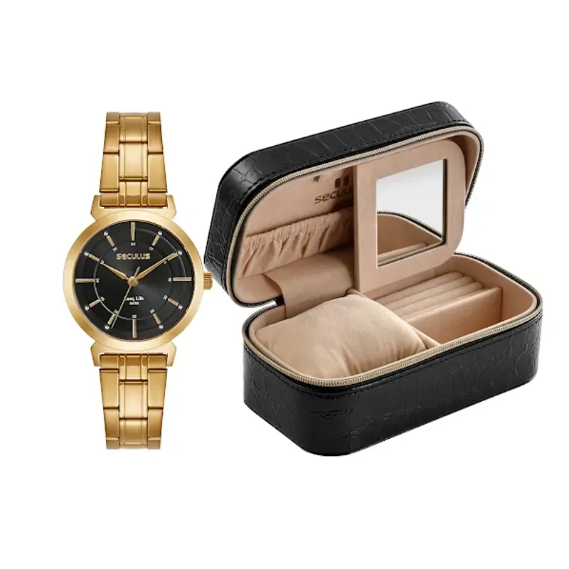 Kit Relógio Feminino Aço Dourado Mostrador Preto