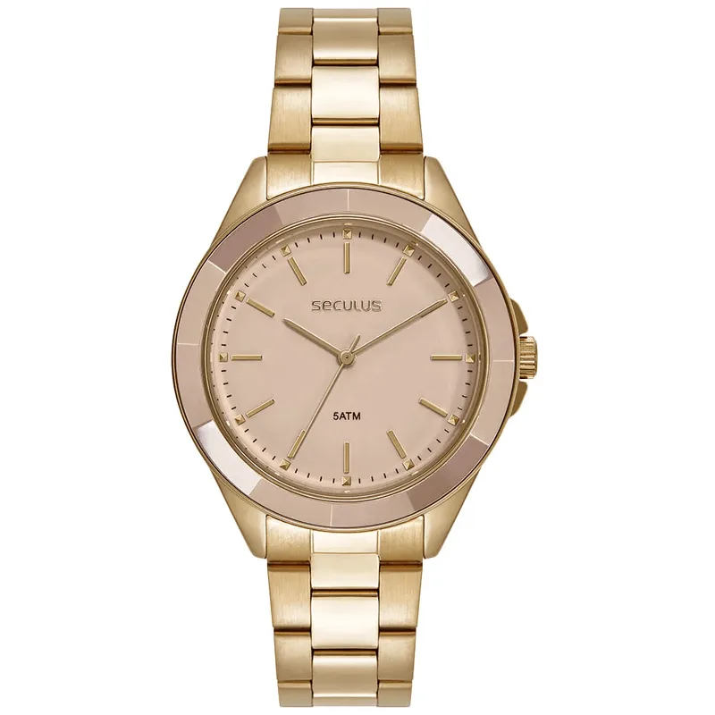Relógio Seculus Feminino Analógico Aço com Aro Cerâmica 40 mm Nude