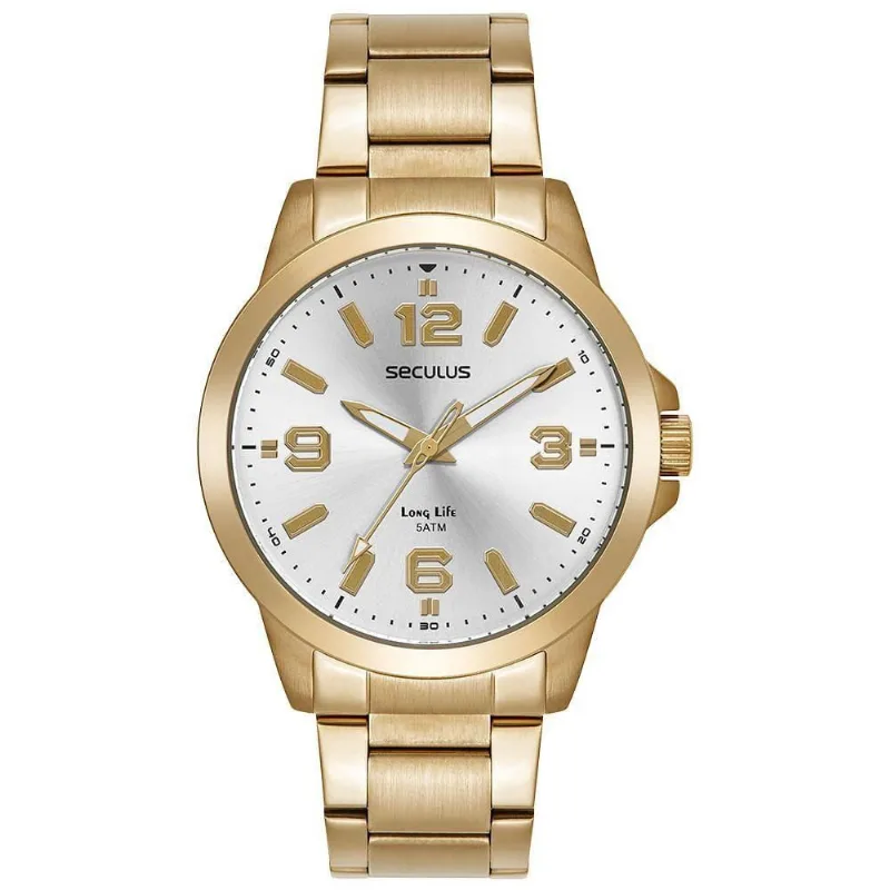 Relógio Masculino Dourado Aço Analógico em Aço Inox com Cristal Mineral Séculus
