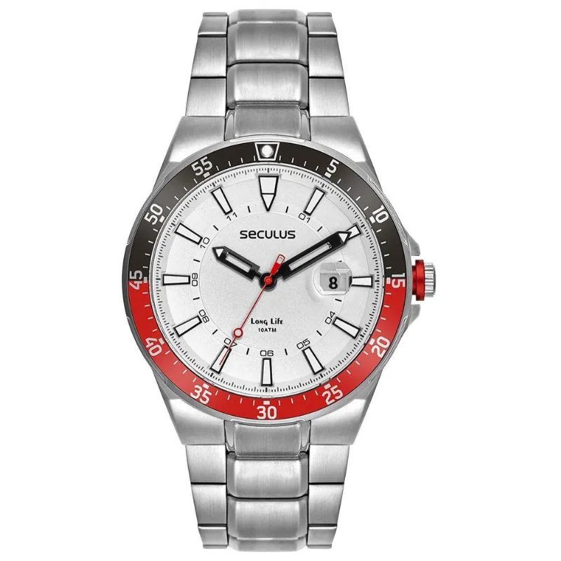 Relógio Masculino Aço Branco Calendário Analógico Aço Inox 10ATM Branco Séculus 45MM