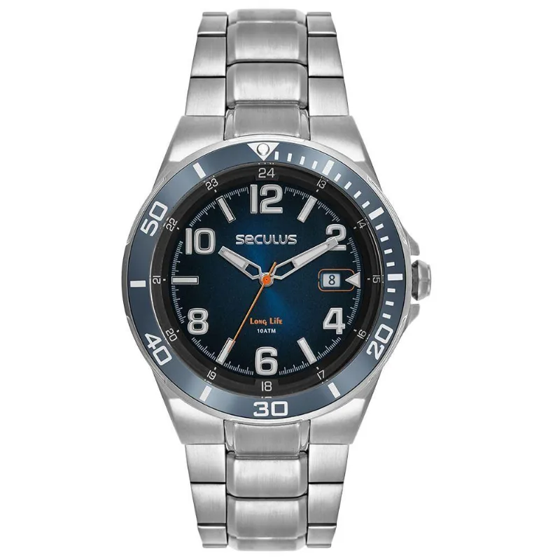 Relógio Masculino Trava Analógico Aço Inox Calendário 10 ATM Azul Séculus