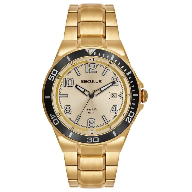 Relógio Masculino Calendário Analógico Aço Inox Dourado Séculus 45MM