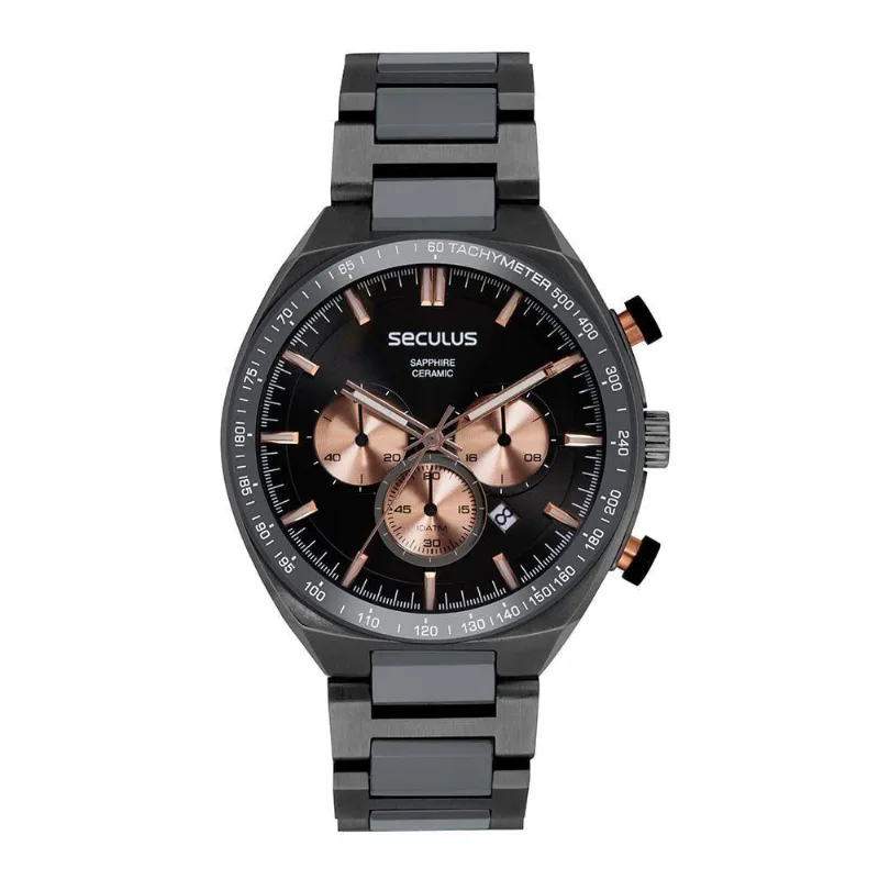 Relógio Masculino Premium Aço e Cerâmica Analógico em Aço Inox com Fecho Dobrável Preto Séculus