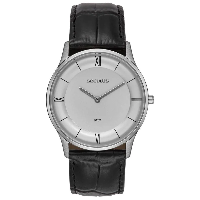 Relógio Masculino Slim Minimalista Analógico Couro Preto com Cristal Mineral Séculus