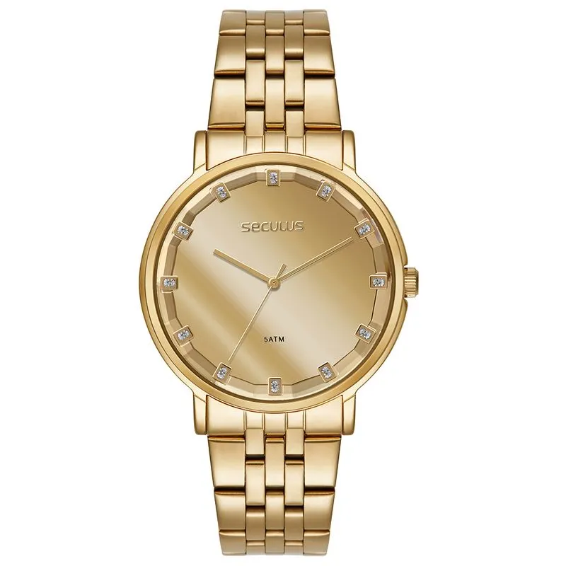 Relógio Feminino Analógico Dourado com Vidro Facetado