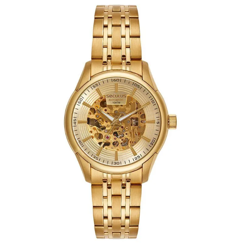 Relógio Masculino Automático Mostrador Esqueleto Dourado Aço Inox Séculus