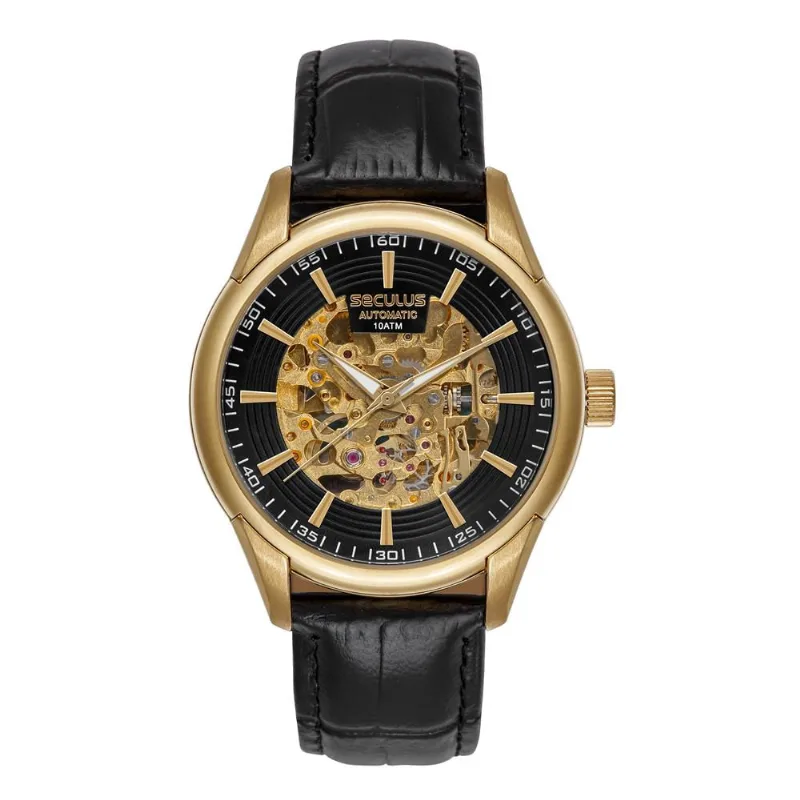 Relógio Seculus Masculino Automático Esqueleto Dourado