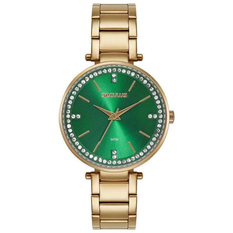 Relógio Feminino Cristais Visor Amplo em Aço Inox Verde Séculus 33MM