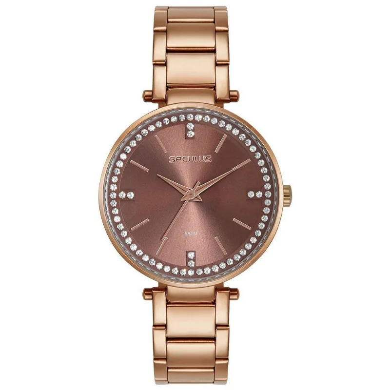 Relógio Feminino Analógico Cristais Visor Amplo Marron com Pulseira Aço Inox Séculus