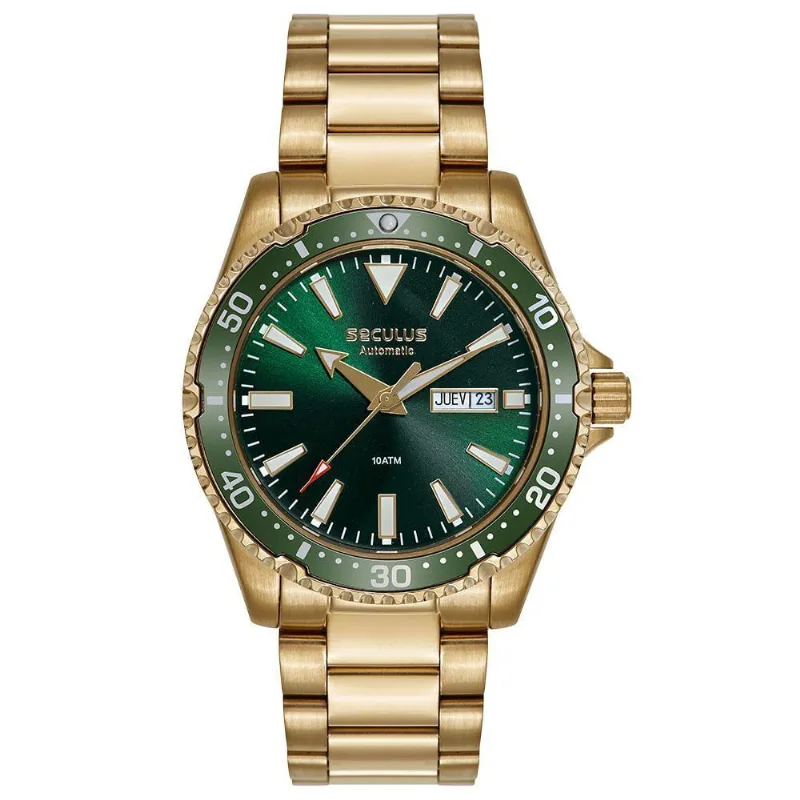 Relógio Masculino Automático MIYOTA 8205 Mostrador Verde Aço Inox Dourado Séculus