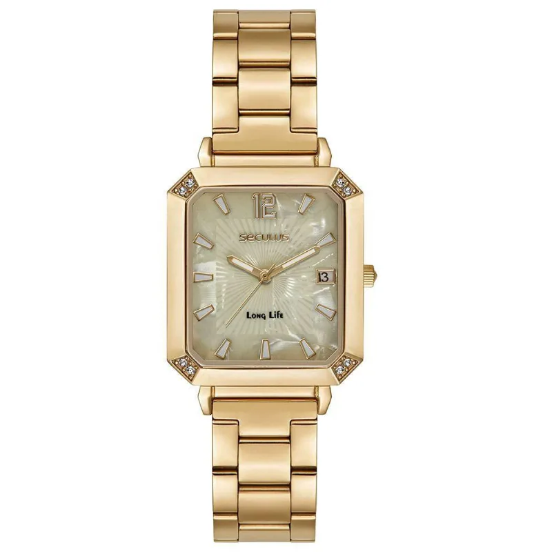 Relógio Feminino Clássico Index Simples Discret em Aço Inox com Mostrador Dourado Séculus