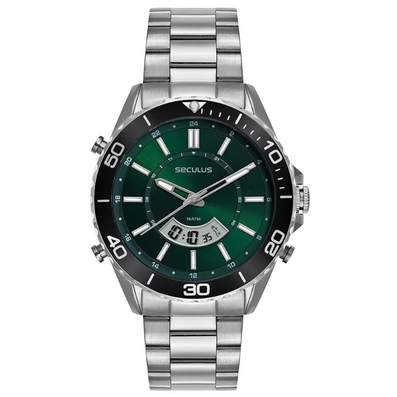 Relógio Masculino Esportivo Movimento Sorriso com Pulseira em Aço Inox Prata Séculus