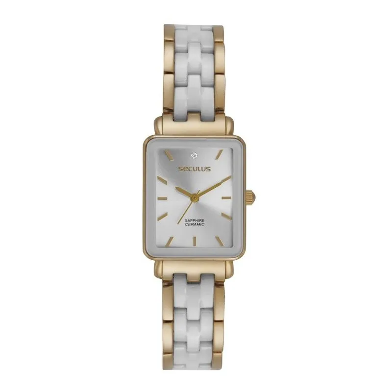 Relógio Seculus Feminino Ref: 44312lpsvdq2 Retangular Dourado Cerâmica