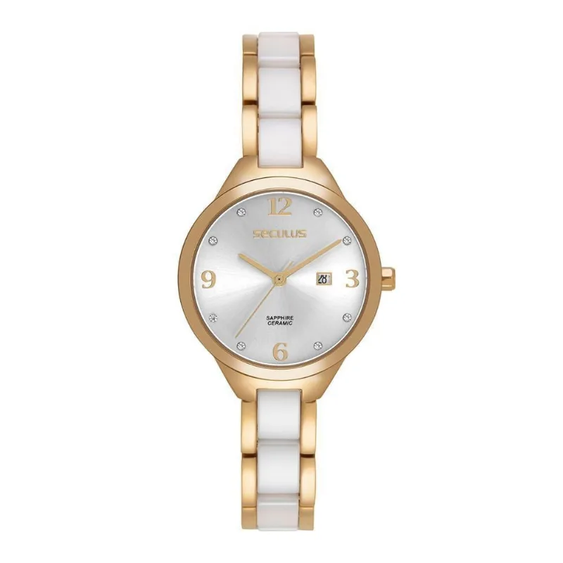 Relógio Feminino Aço Bicolor com Cristais Calendário em Aço Inox Dourado Séculus