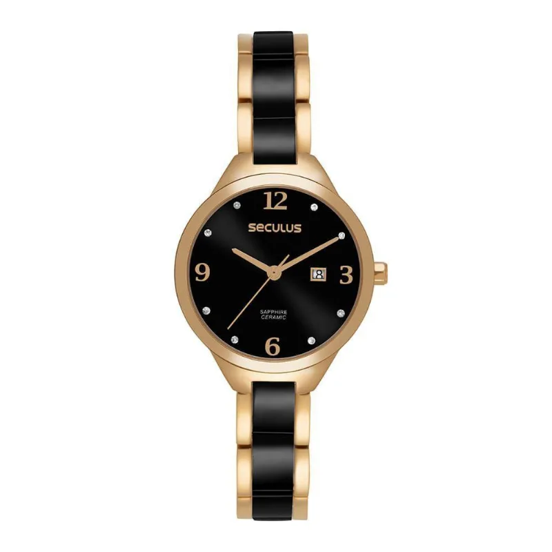 Relógio Feminino Aço Preto Calendário Analógico em Aço Inox com Calendário Preto Séculus