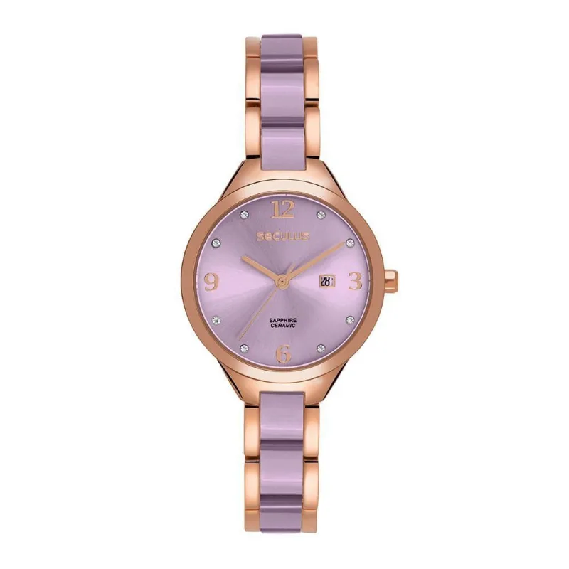 Relógio Feminino Cerâmica Calendário Rose Gold com Pulseira Aço Inox Fecho de Pressão Rosa Séculus