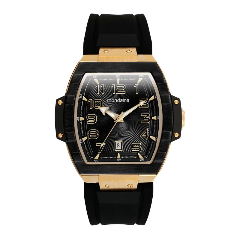 Relógio Masculino Caixa Formato Barril Calendário Preto e Dourado