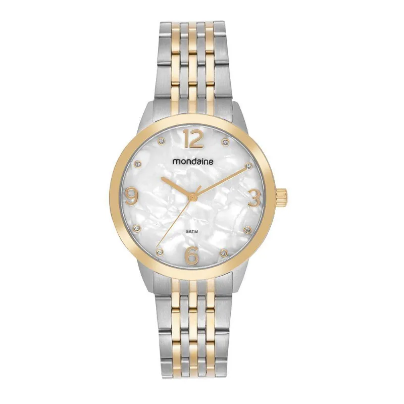 Relógio Feminino Bicolor Madreperola Clássico Aço Inox Prata e Dourado Mondaine 38MM