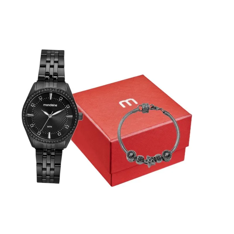 Kit Relógio Feminino Preto Com Pulseira Berloques