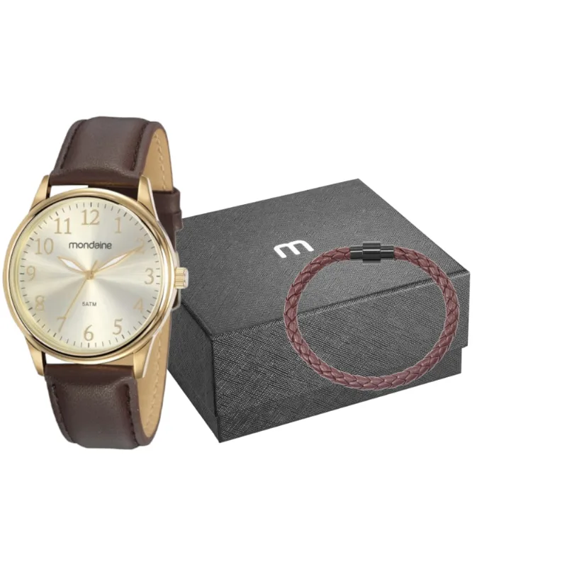 Kit Relógio Masculino Social Dourado Com Pulseira Trançada