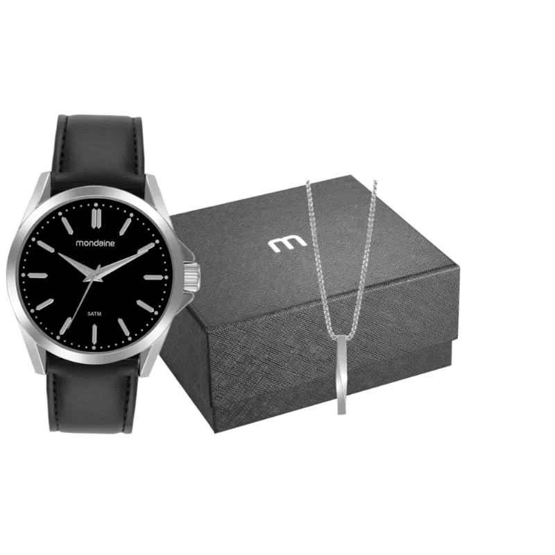 Kit Relógio Masculino Casual Prata Com Colar
