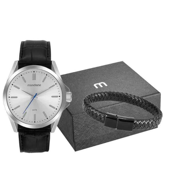 Kit Relógio Masculino Social Prata Com Pulseira Trançada
