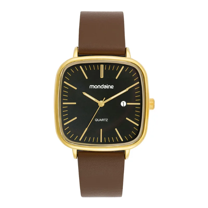 Relogio Masculino Mondaine Quadrado Dourado Calendário