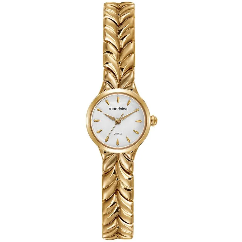 Relógio Feminino Dourado Metal Redondo Mostrador Branco