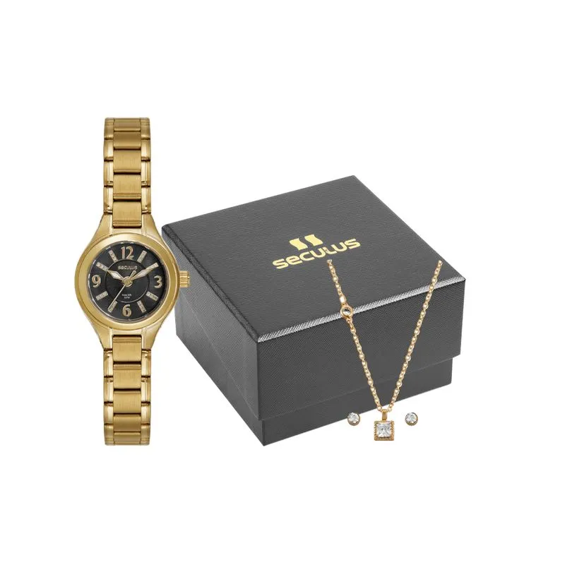 Kit Relógio Feminino Madrepérola Dourado Colar e Brincos