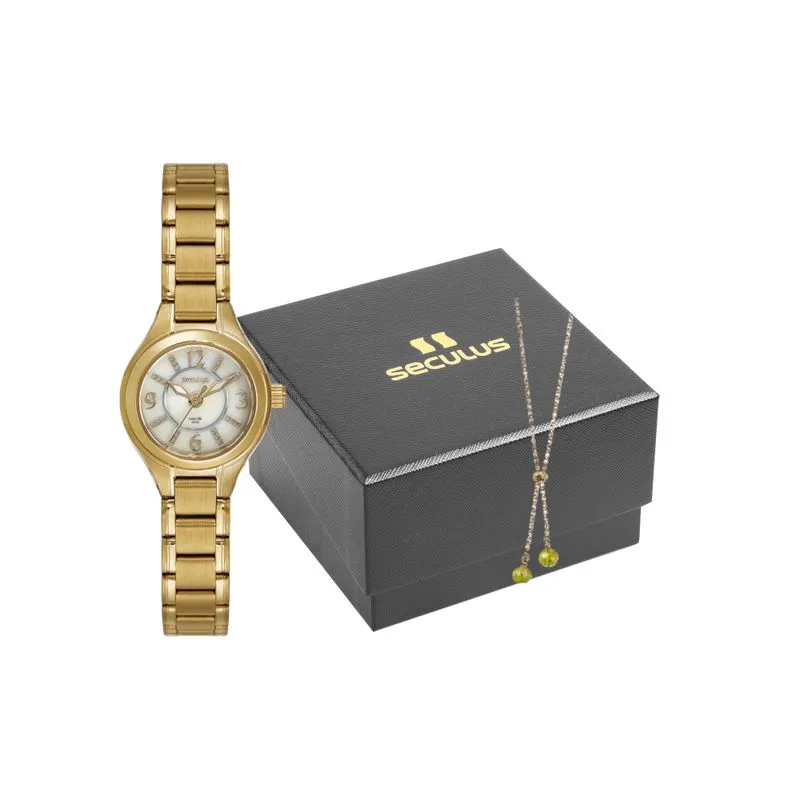 Kit Relógio Feminino Madrepérola Dourado Com Colar