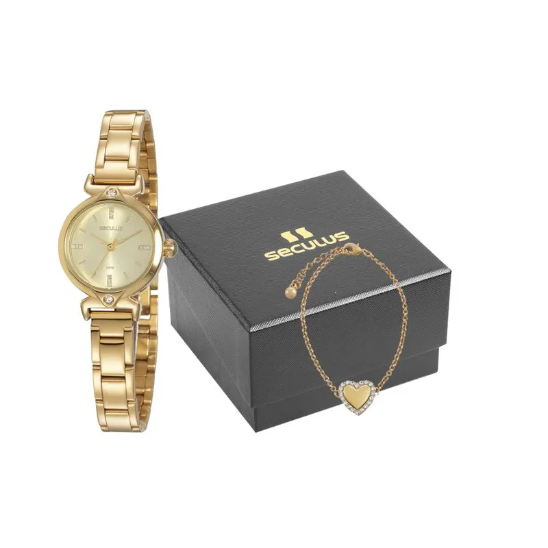 Kit Relógio Feminino Clássico Dourado Pulseira Coração