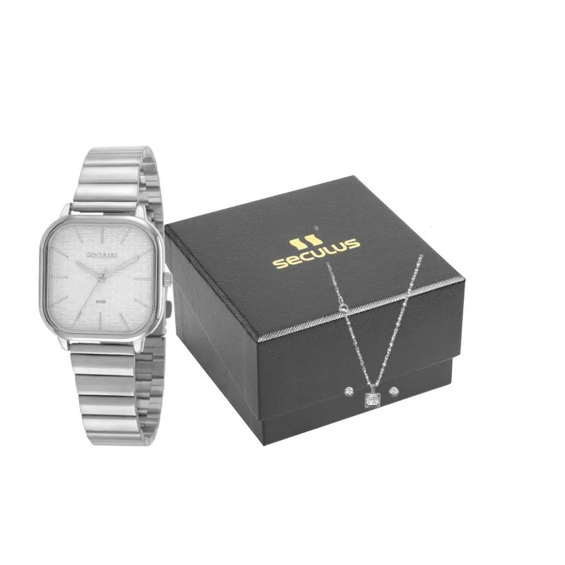 Kit Relógio Feminino Quadrado Prata Com Colar e Brincos