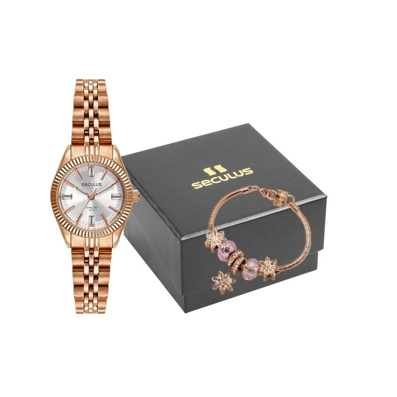 Kit Relógio Feminino Catraca Serrilhada Pulseira Berloques