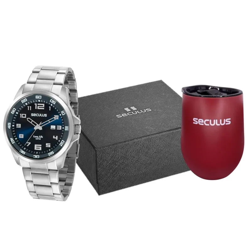 Kit Relógio Masculino Aço Prata Mostrador Azul Copo Térmico