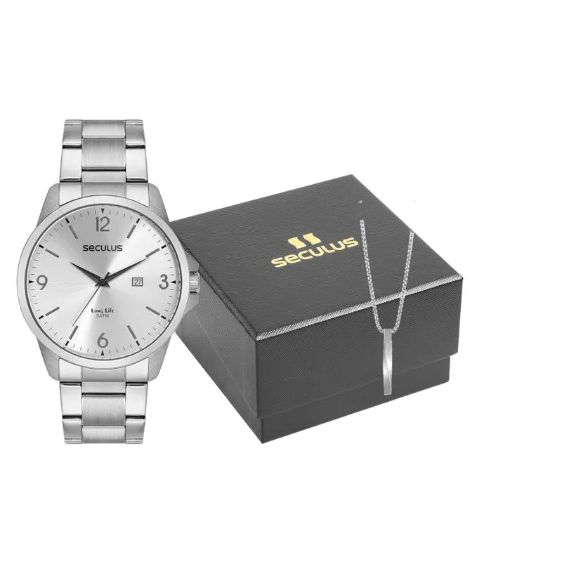 Kit Relógio Masculino Aço Calendário Prata Com Colar