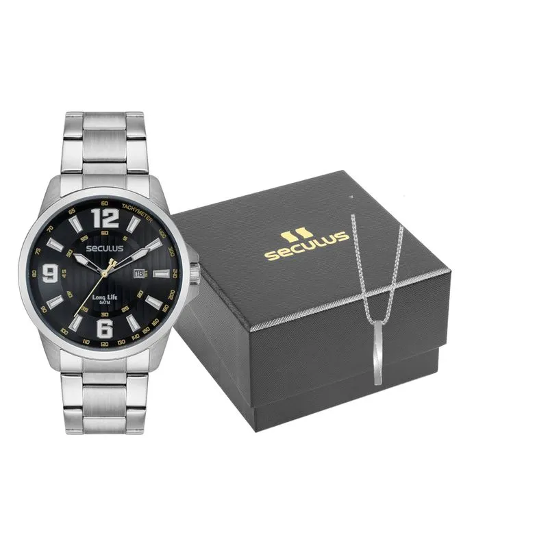 Kit Relógio Masculino Prata Aço Visor Cinza Com Colar