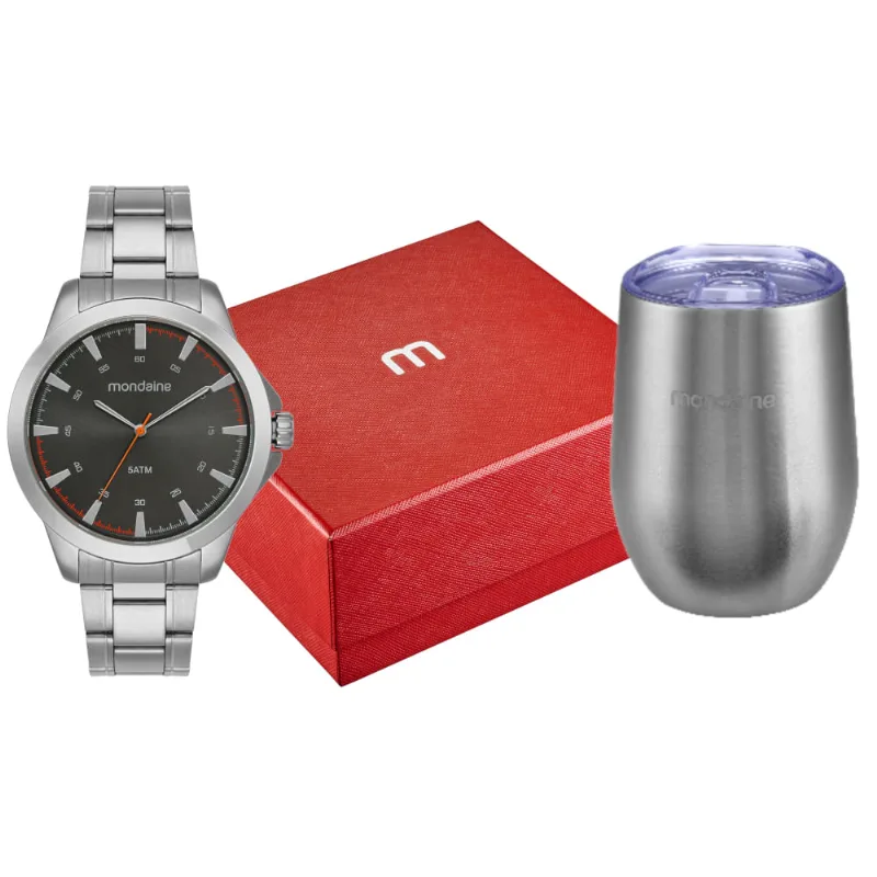 Kit Relógio Masculino Prata Casual Com Copo Térmico