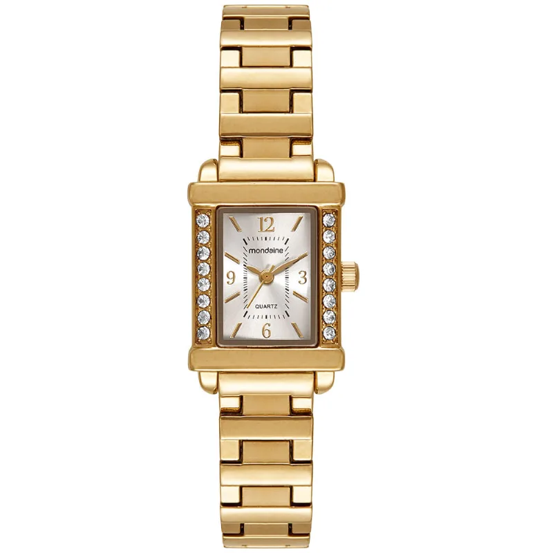 Relógio Feminino Dourado Metal Quadrado 19mm Mostrador Prata