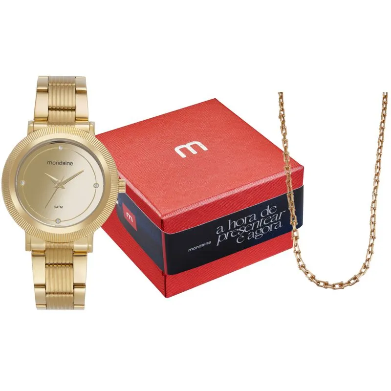 Kit Relógio Feminino Dourado Espelhado com Colar