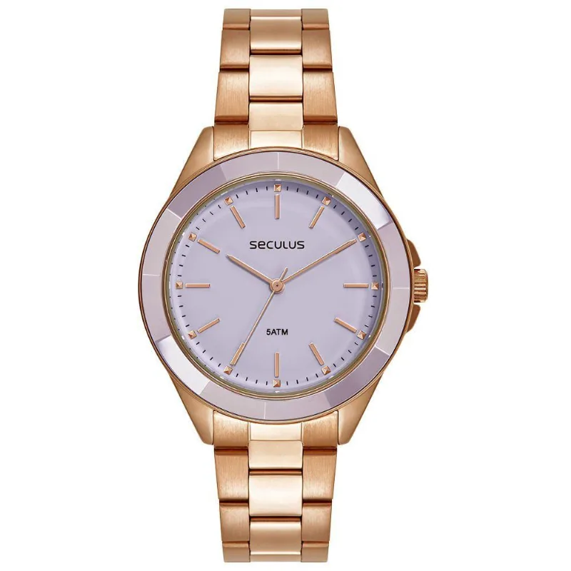 Relógio Feminino Analógico Cerâmica Facetada Rosé com Pulseira Aço Inox Séculus