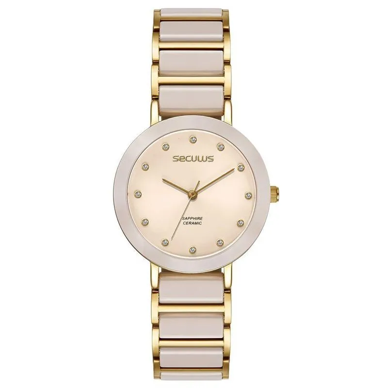 Relógio Feminino Analógico Cerâmica Cristais Rosa com Pulseira Aço Inox Rosa Séculus