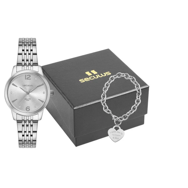 Kit Feminino Aço Cromado Cristais Pulseira Coração