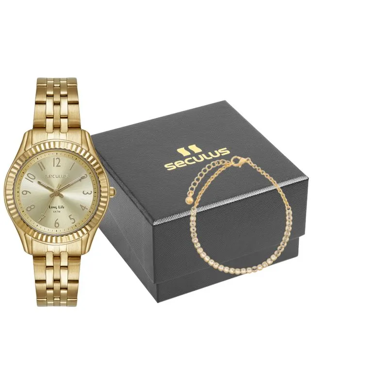 Kit Relógio Feminino Dourado Catraca serrilhada Com Pulseira