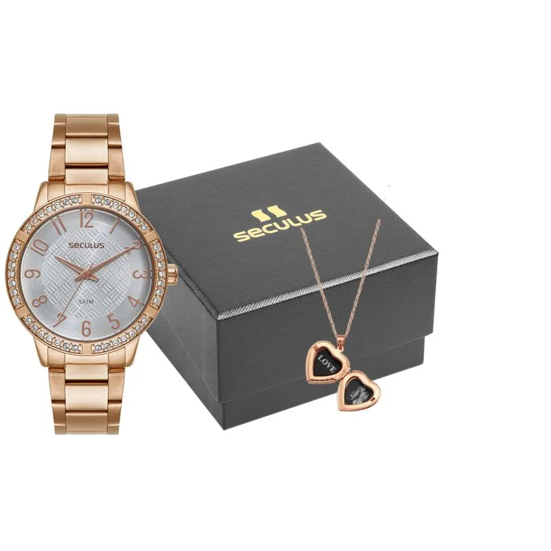 Kit Relógio Feminino Rose Cristais com Colar Coração