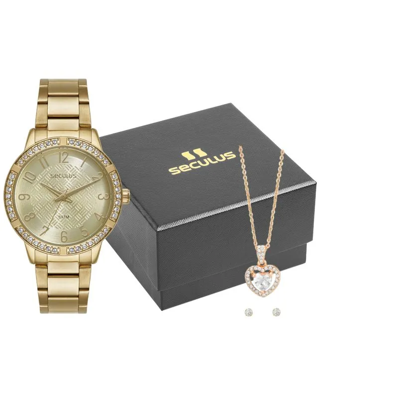 Kit Relógio Feminino Dourado Cristais Colar Coração e Brinco