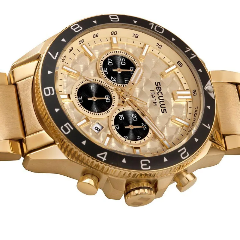 Relógio Masculino Prime Analógico Aço Inox Texturizado Dourado Séculus