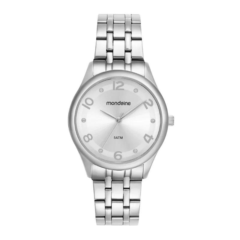 Relógio Feminino Prata Aço 40mm Redondo Números e Index 5ATM